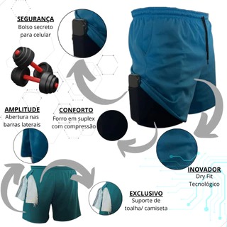Short Duplo 2 Em 1 Para Corrida Bolso Interno Proteção Uv20+