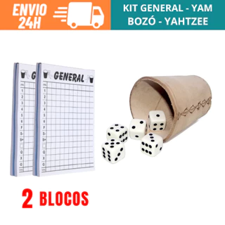 Kit Jogo General Com 1 Copo De Couro, 6 Dados e 2 Blocos Para Anotações