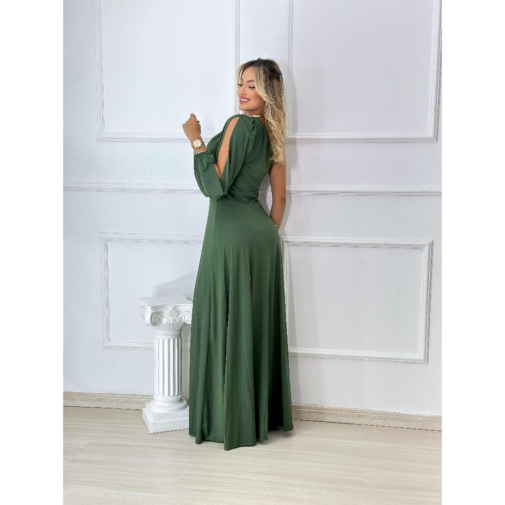 Vestido Longo Beatriz Verde Oliva Manga Nula Com Abertura Lateral