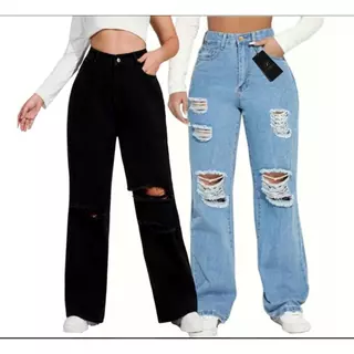 KIT Calça Jeans Feminina Cintura Alta Rasgadinha Destroye Pantacourt + Pantalona Wid Legue JEANS PREMIUM.