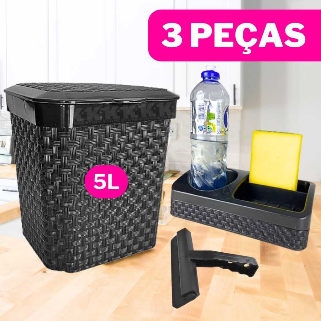 KIT PIA COZINHA 3 Peças - Lixeira 5L + Rodinho + Porta Detergente Arqplast