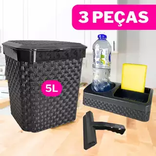 KIT PIA COZINHA 3 Peças - Lixeira 5L + Rodinho + Porta Detergente Arqplast