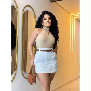 Short-Saia Feminino Cintura Alta Alfaiataria Social Tendência
