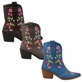 Bota Feminina Country Bico Fino Cano Medio Jeans Bordado Flor Leve Macia Texana Ana castela