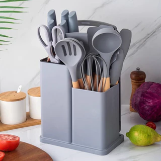 Kit 19 Peças Jogo de Utensílios Para Cozinha em Silicone Com Cabo de Madeira Completo / Antiaderente e Resistente ao Calor