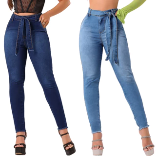 Calça Feminina Jeans Com Cinto Skinny Cos Alto Modelo Levanta Bumbum Com Elastano Calça Feminina Jeans