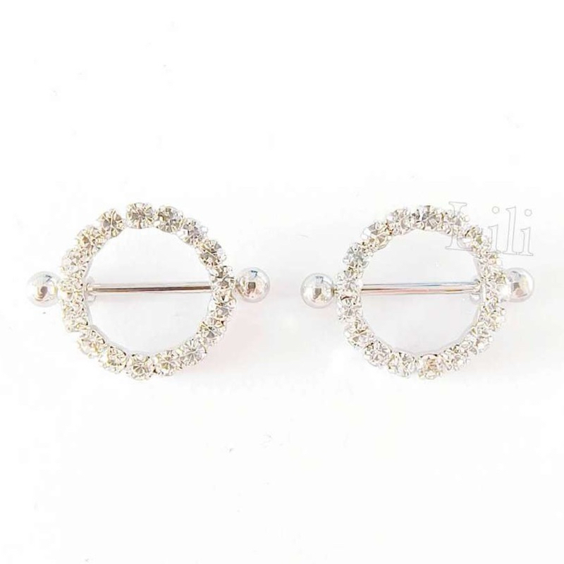 Kit 2 Piercing Mamilo Modelo Redondo Cravejado com Zircônia
