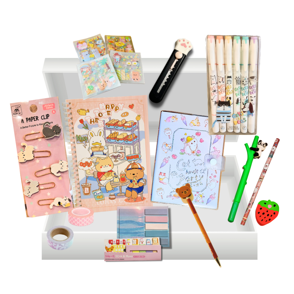 Kit Papelaria Kawaii Fofa Planner Marca-texto Estilete Washi Tape Post-it Caneta Adesivo Clipes