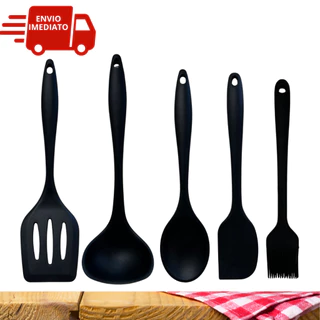 Jogo de Cozinha Kit 5 Peças Colheres de Silicone Utensílios de Silicone Para Cozinha Preto Espátula Concha Colher Premium
