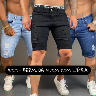 KIT 3 Bermuda JEANS Masculina SLIM COM LYCRA Destroyed ALTO PADRAO