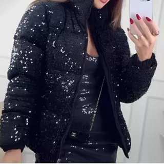 Casaco Puffer Feminino Paetê Moda Luxo Frio Inverno Brilho Blogueira