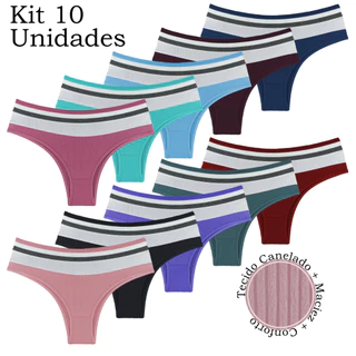 Kit 10 Calcinhas Cós Alto Tanga Com Detalhe Frontal Em Pala E Elástico Largo Cintura - Ref: 461