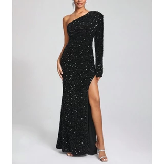 Vestido Longo Festa Formatura Paetês Lantejoulas Brilho Manga Única Fenda Premium Preto