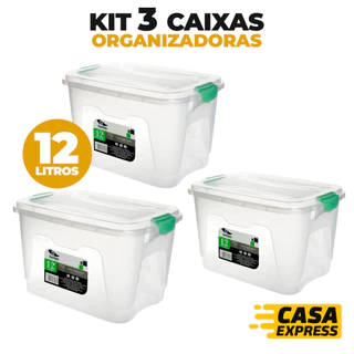 Caixas Organizadoras 12 Litros Com Trava Material de Plastico Transparente - Rischioto Unidade Ou Kit Com 3 Unidades
