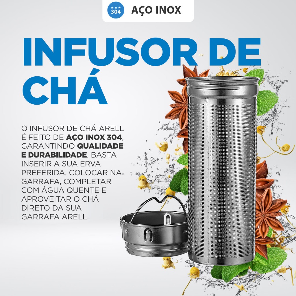 Infusor em Aço Inox para Garrafa Termica Arell de 650 e 950 ML Chá Chimarrão Terere