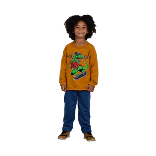 Conjunto de Inverno Infantil Mostarda com T-Rex Skatista - Destak