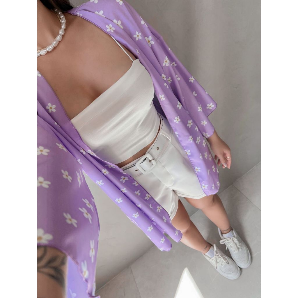 Kimono Moda Verão estampa Margarida lilás