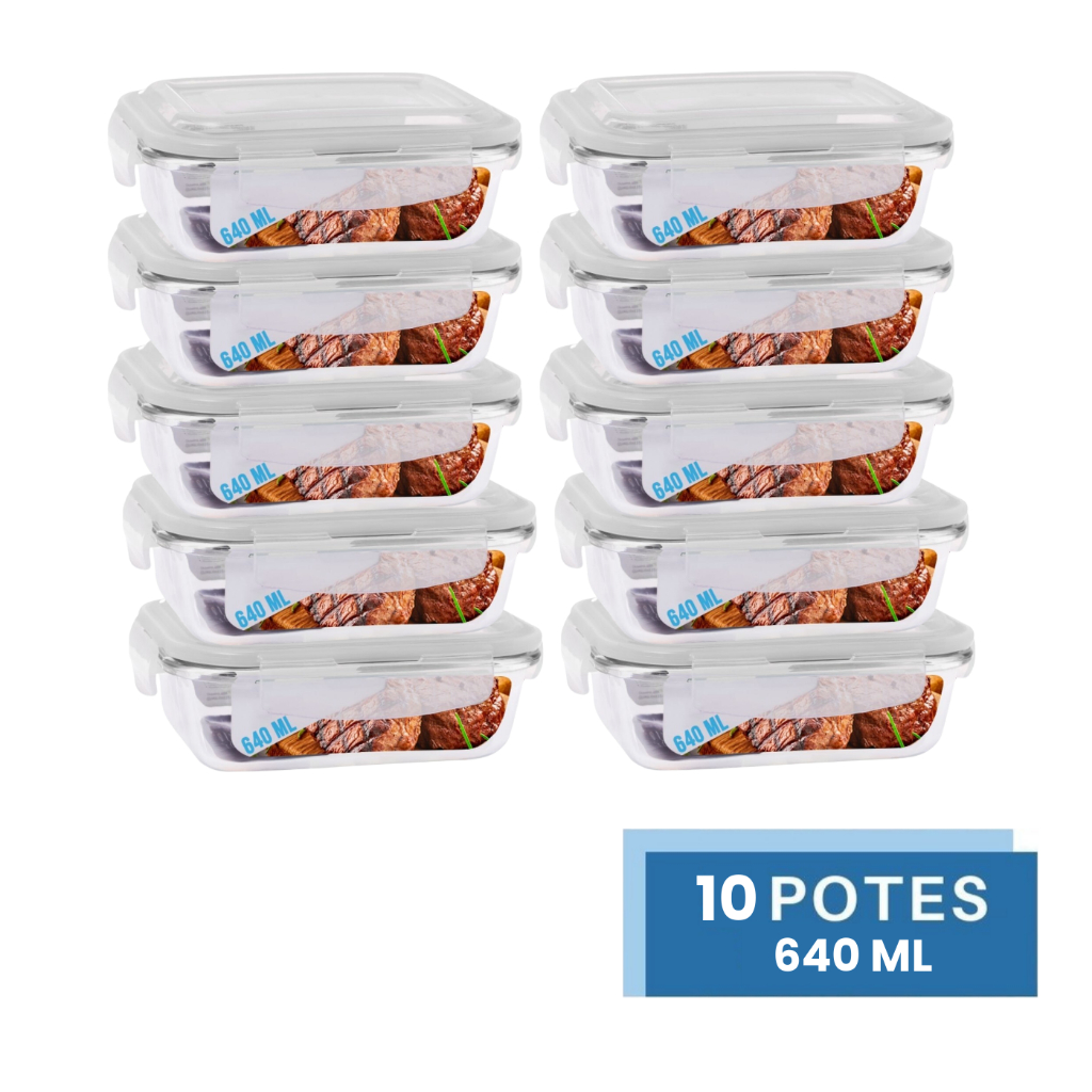 Conjunto 10 Potes 640ml Vidro Hermético 4 Travas Marmita