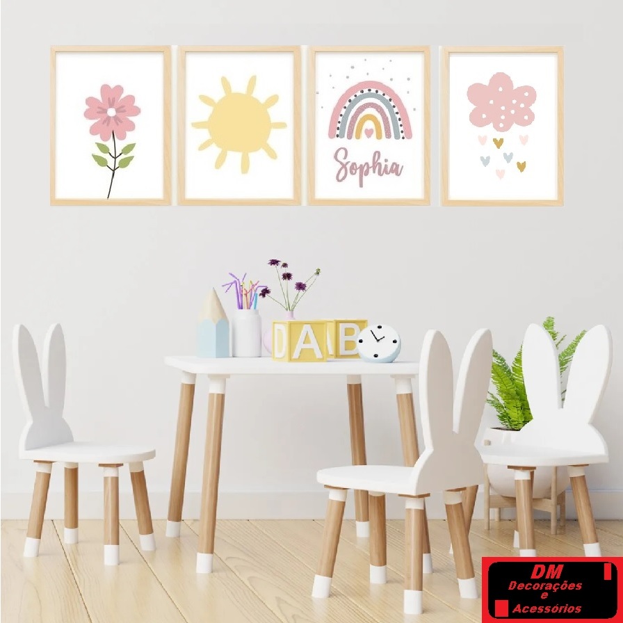 Quadros Menina Decorativo Arco iris Flor Nuvem Sol com Nome do seu Bebê 4 Peças