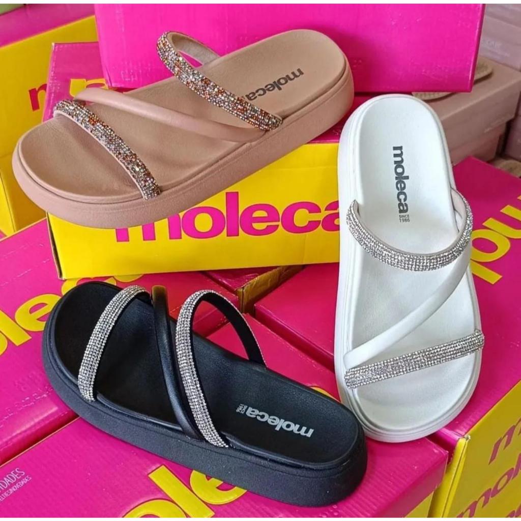 Sandália Feminina Papete Strass Pedrinha Moleca Original