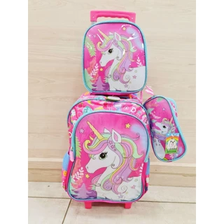 kit Mochila Escolar Menina Infantil Com Mochila de Rodinhas + Lancheira + Estojo