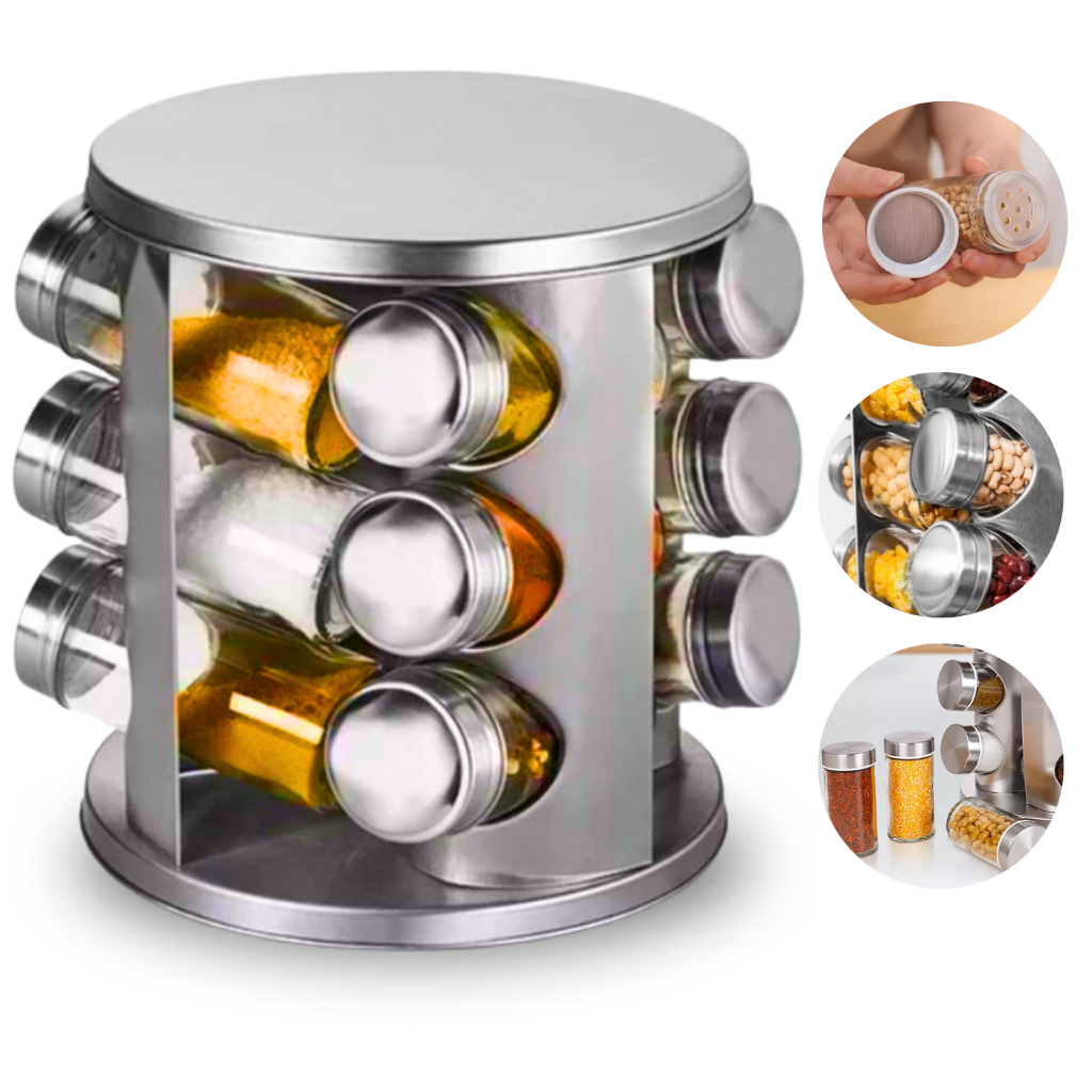 Porta Tempero Condimento Inox Rd 12 Potes + Suporte Giratório
