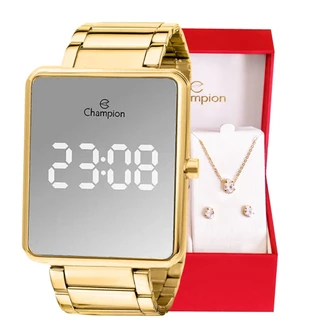 Kit Relógio Champion Feminino Digital Dourado Espelhado + Kit Colar e Brincos Presente Luxo CH40086B