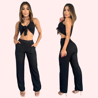 Conjunto Feminino Cropped e Calça Wide Legg Elegante Confortavel Básico