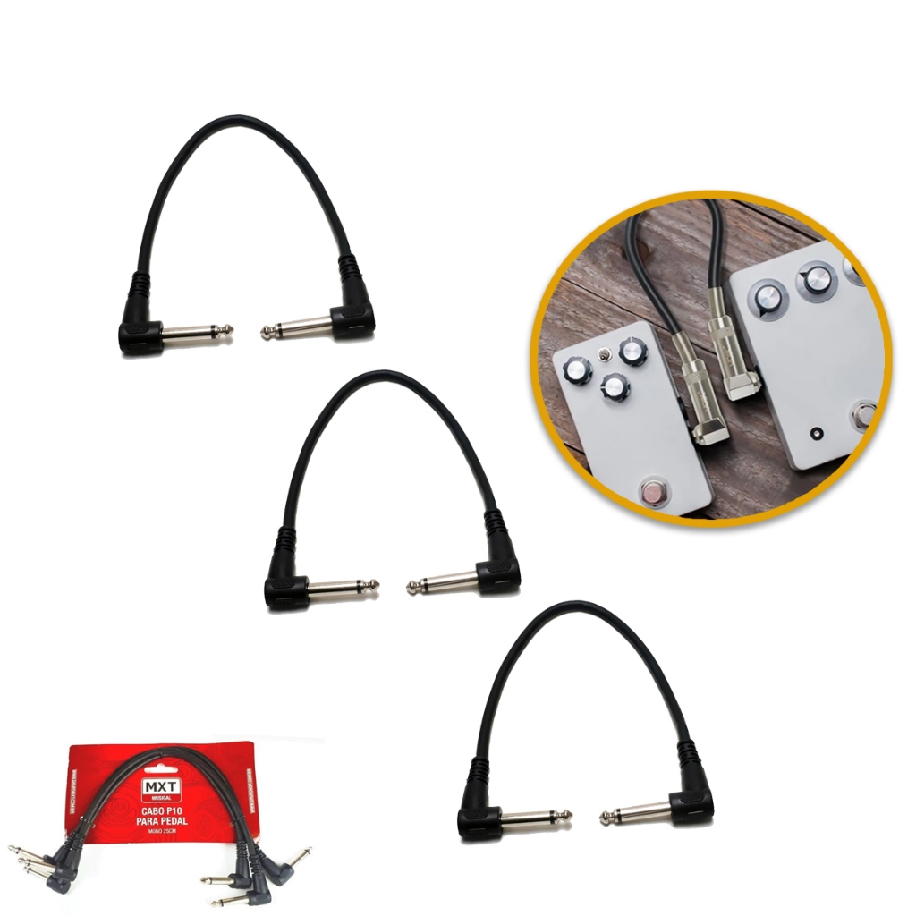 Kit 3 Cabos P10 mono para Pedal ou Pedais com 25cm P10 90° para Guitarras/Baixo Entrega Rápida