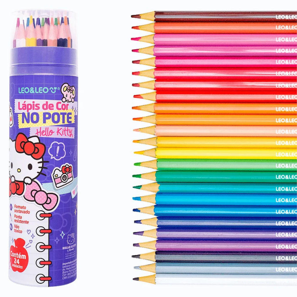 Caixa Lápis de Cor Hello Kitty 24 cores Leo&Leo no Pote | Shopee Brasil