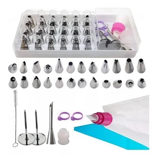 Kit Confeiteiro 35 Pçs Saco de Creme Reutilizável + Caixa Acrilico 24 Bicos Decoração de Bolos Doces