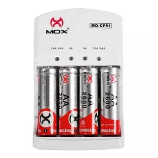 Carregador Rápido De Pilha Recarregável Mox + 4 Pilhas Aa