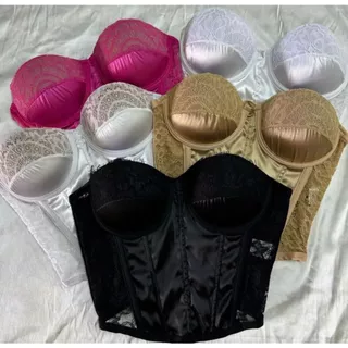 Cropped Corset Acetinado e Renda Tomara que Caia