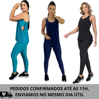 Conjunto trio moda fitness, legging, regata + top embutido, liso, academia, fitness, feminino