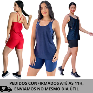 Conjunto trio, bermuda, regata + top embutido sem bojo, academia, corrida, caminhada