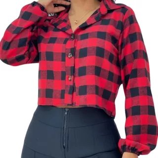 Camisete Plus Size Camisa Social Feminina Manga Longa Xadrez Festa Junina - Eduarda