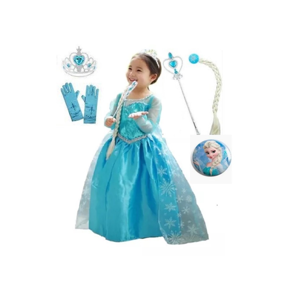 Fantasia Vestido Frozen Elsa coroa varinha luvas trança Broche