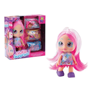 Boneca Diver Surprise Cabelo Rosa e Branco Estilo LOL Articulada Com Acessórios - Divertoys