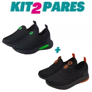 KIT 2 PARES Tenis Infantil Calce Facil Escolar Menino Preto Verde K e Preto Laranja K Kidstep