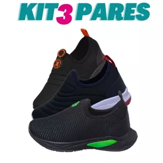 KIT 3 PARES Tenis Infantil Calce Facil Escolar Preto Verde Preto Laranja e Preto Vermelho Kidstep