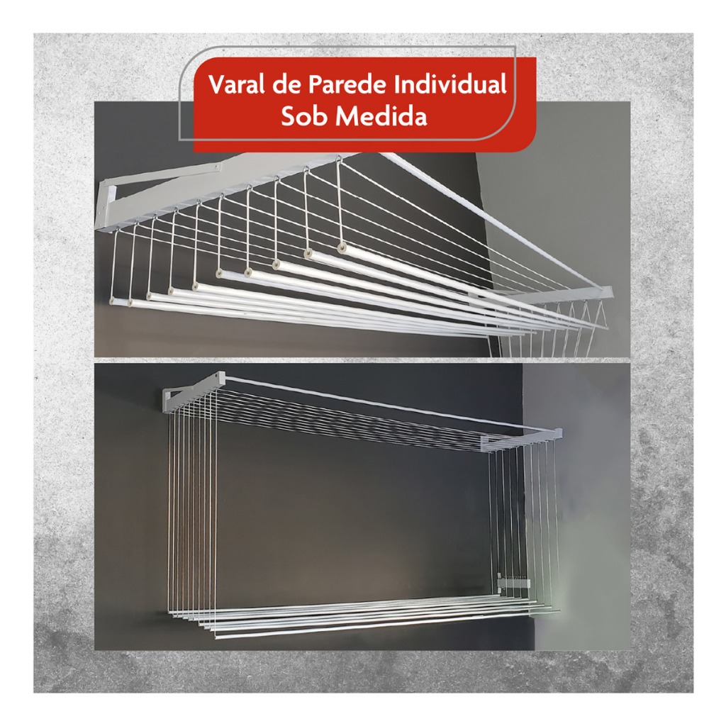 Varal De Parede Individual 12 Varetas Alumínio NÃO ENFERRUJA Forte REFORÇADO Sob Medida - Bitenfer Varais