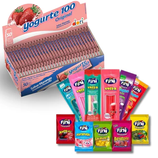 Kit C/ 50 Unidades Bala Fini Sortida + Pirulito Mastigavél Yogurte 100 C/ 50un Dori