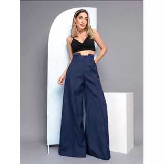 Calça Pantalona Feminina Boca Larga Básica Casual