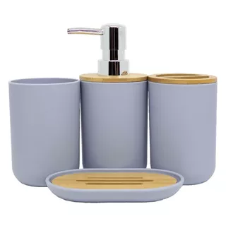 Kit De Banheiro Lavabo 4 Peças Plástico Conjunto Bambu Bamboo Porta Sabonete Liquido Luxo