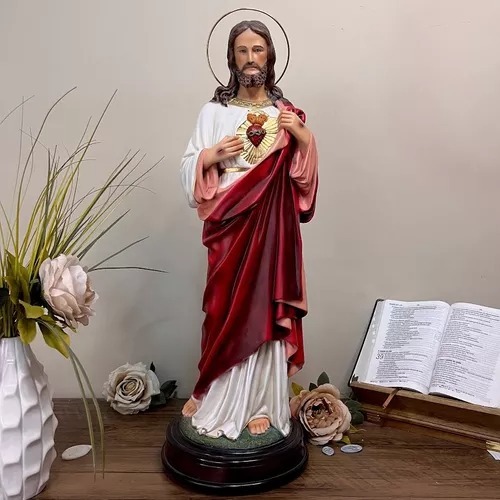 Imagem Sagrado Coração De Jesus Grande 60 Cm Resina + Auréola