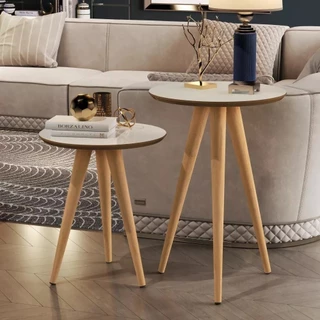Mesa Apoio e Lateral Pés Palito Retro Redonda Decorativo Canto Sala Off White-Freijó