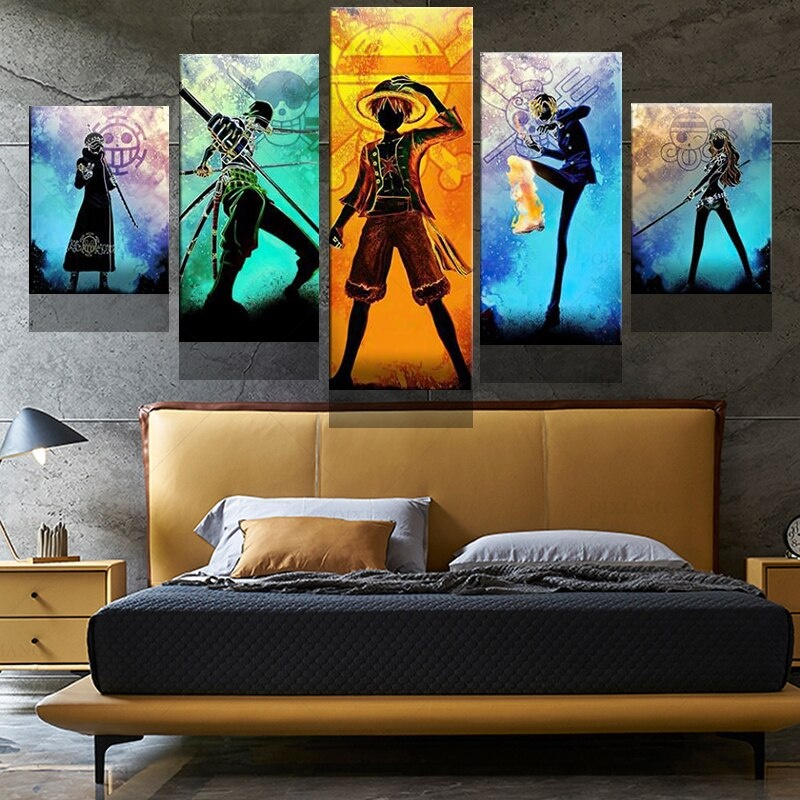 Quadro Decorativo 5 peças Mosaico Animes One Piece Luffy Zoro Nami Sanji Gear x
