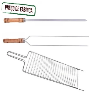 Kit Churrasco Grelha Dupla + 2 Espetos Aluminio Com Cabo Madeira Nobre de 67 cm Para Peixes Carnes Frangos Linguiça