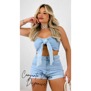 Conjunto Feminino Cropped e Short All Jeans Curto Mom Boyfriend Laço Sem Alça Tomara Que Caia Estiloso