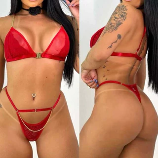Conjunto Sexy Tule Renda com Detalhe Corrente